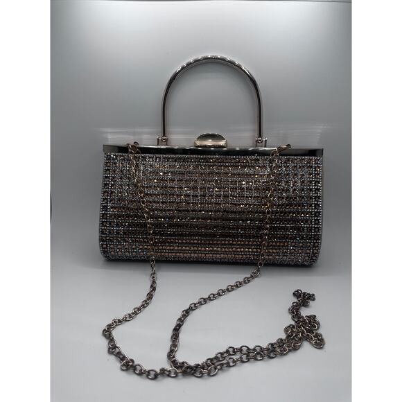 High Sparkle Glittery Rhinestone Silver & Bronze Evening Clutch Crossbody Chain - Picture 2 of 8